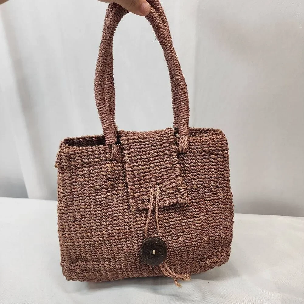 Handmade Woven Straw Tote Bag Brown Boho Beach Purse with Coconut Button Closure